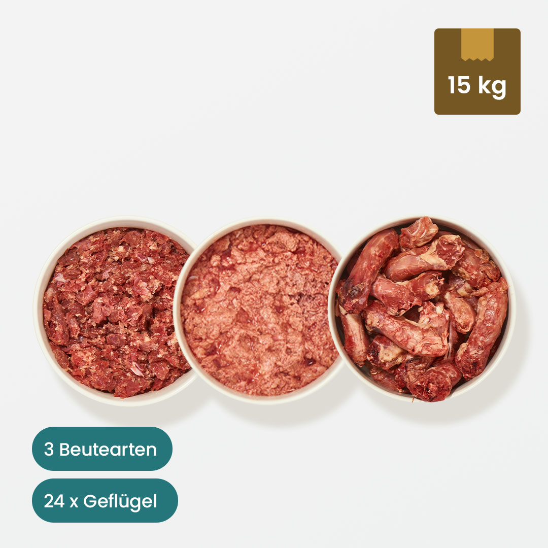 Geflügel Paket Hund 15 kg mit Truthahnfleisch, Geflügelinnereien und Hühner- sowie Entenhälsen in Schalen