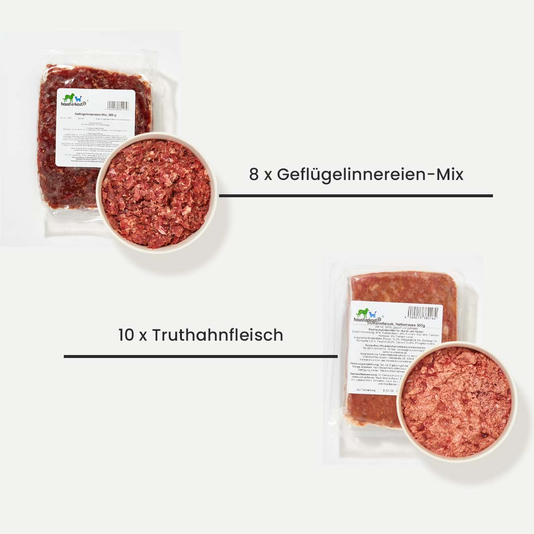 Geflügel Paket Hund 13,8 kg mit 10 x Truthahnfleisch und 8 x Geflügelinnereien-Mix in vakuumverpackten Portionen.