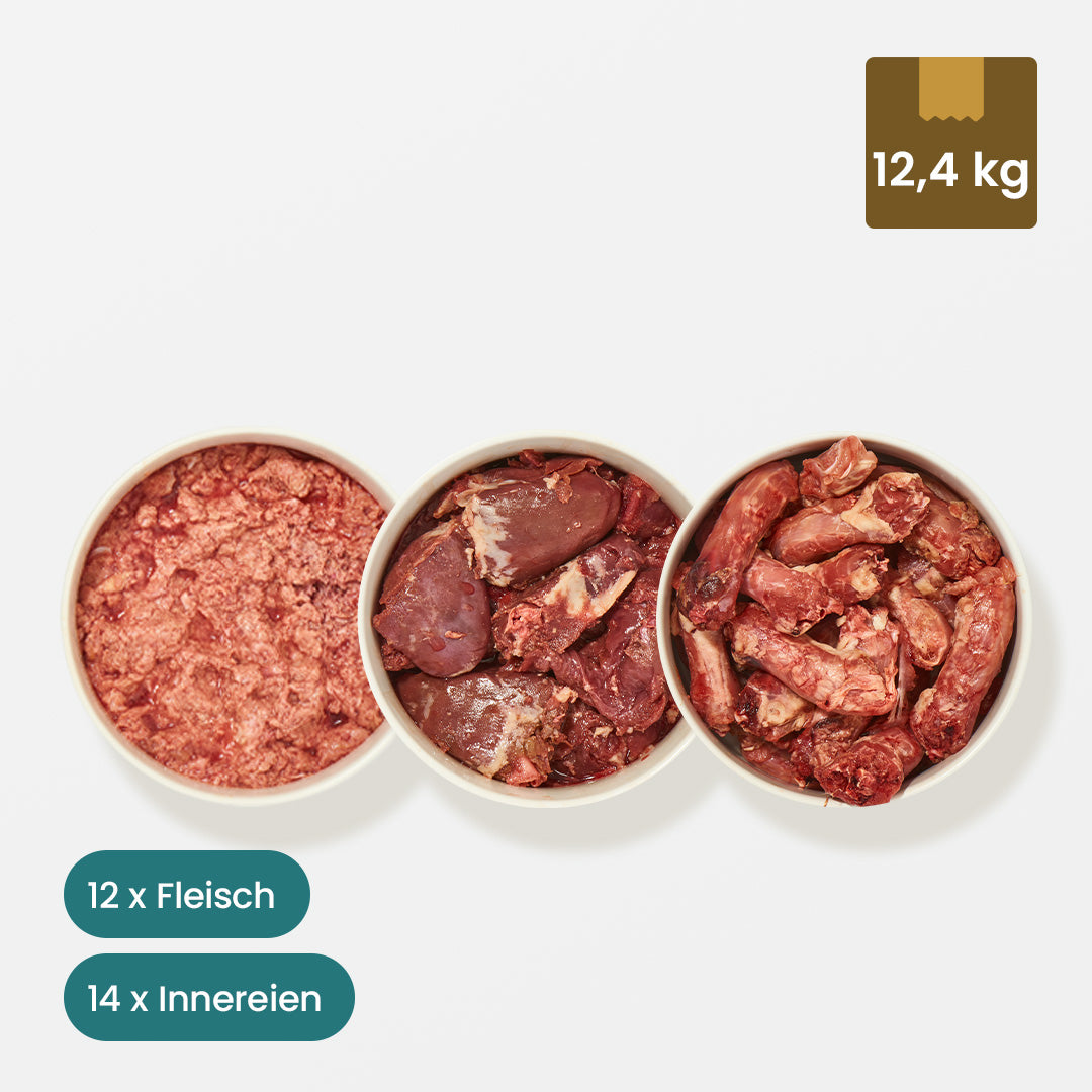 Geflügel Paket für Katzen, 12,4 kg, enthält 10x Geflügelinnereien-Mix, 8x Truthahnfleisch, 3x Hühnerhälse, 4x Putenherzen.