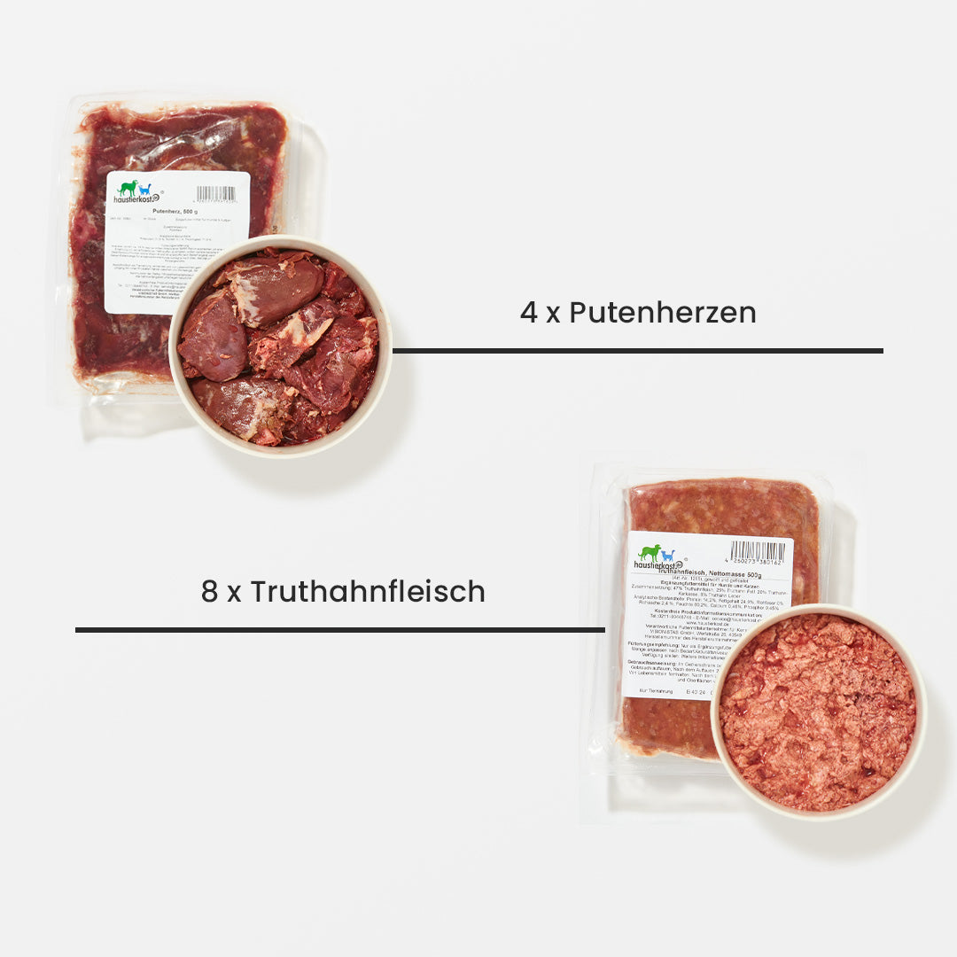 Geflügel Paket Katze, 12 kg, mit Truthahnfleisch und Putenherzen in Verpackung.