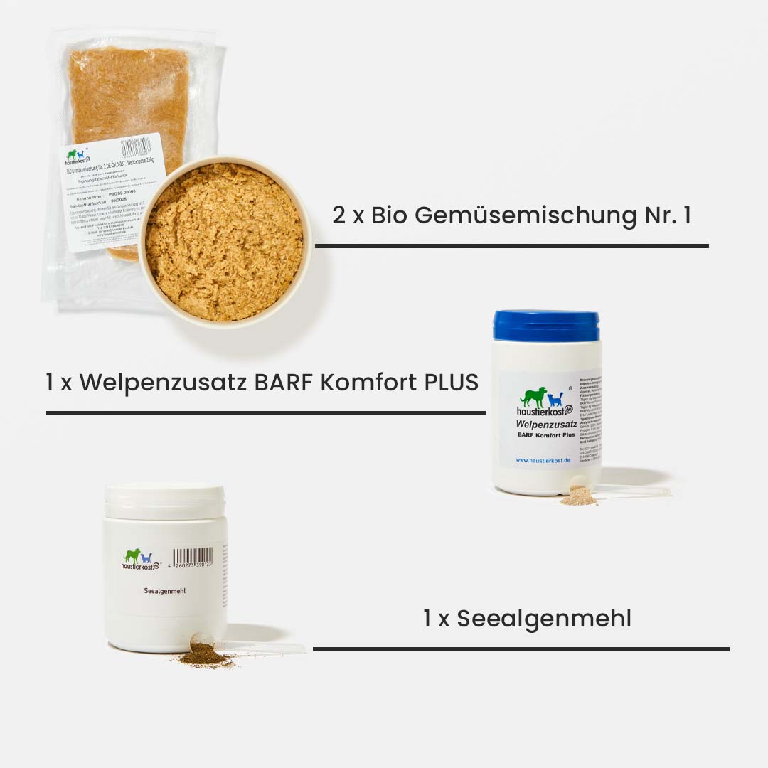 Welpen Starterset mit Bio Gemüsemischung, Welpenzusatz BARF Komfort PLUS und Seealgenmehl für ausgewogene Welpenernährung