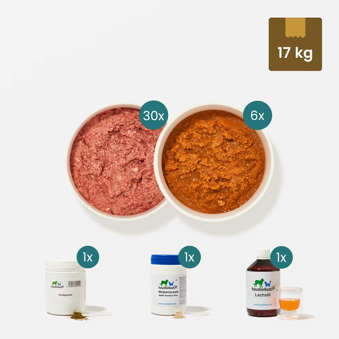 Welpen Starterset mit 17 kg Rohfutter, Welpenzusatz, Seealgenmehl und Lachsöl für ausgewogene Hundeernährung