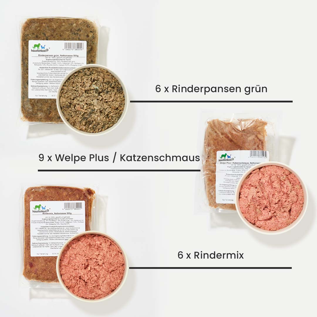 Welpen Starterset mit 9x Welpe Plus, 6x Rinderpansen grün, 6x Rindermix in Portionspaketen für hochwertige Welpennahrung