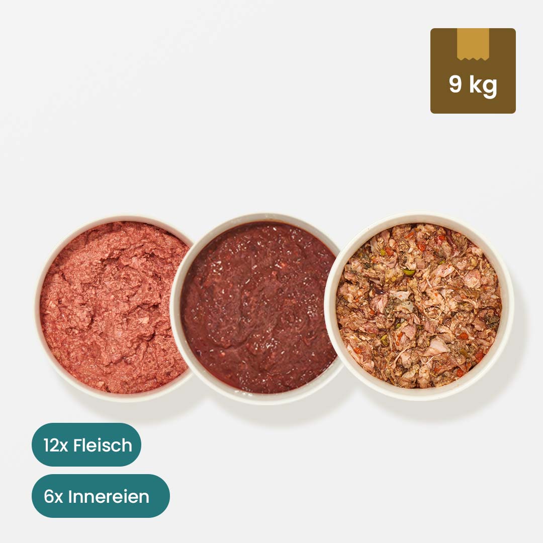9 kg Hundemix Paket Übergewicht mit Fleisch und Innereien, gefrorene Hundenahrung