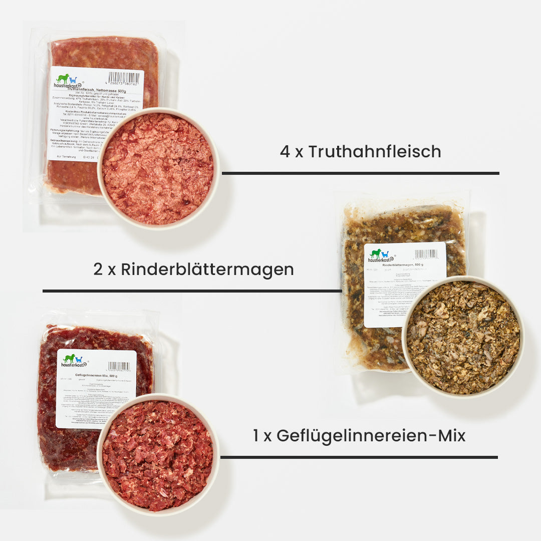 Paket Hund Übergewicht 9 kg mit Truthahnfleisch, Rinderblättermagen und Geflügelinnereien-Mix in Tiefkühlverpackungen.