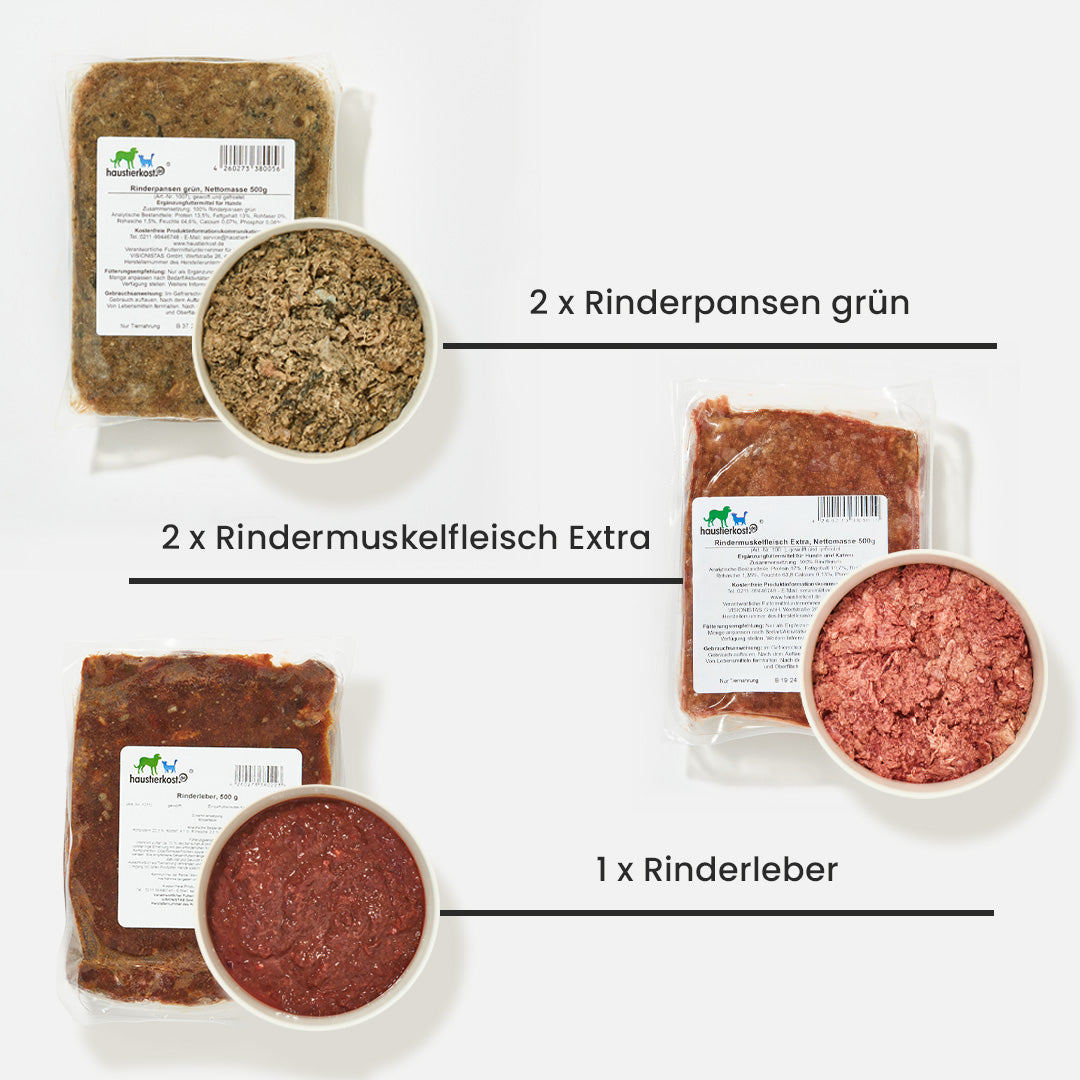 Paket mit 9 kg Hundefutter für Übergewicht, inklusive Rinderpansen, Rindermuskelfleisch Extra und Rinderleber, tiefgekühlt