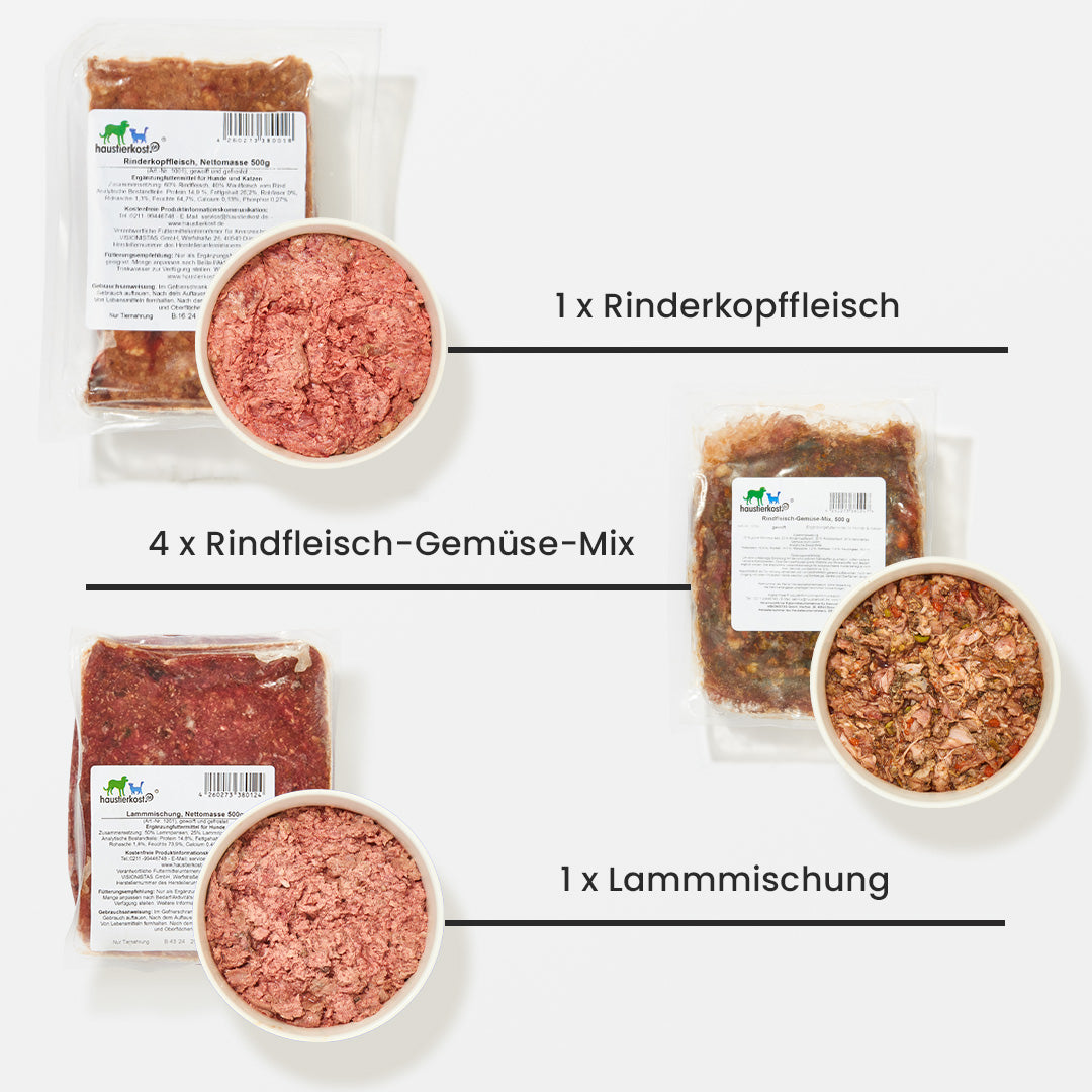 Paket Hund Übergewicht 9 kg mit Rinderkopffleisch, Rindfleisch-Gemüse-Mix und Lammmischung in Tiefkühlverpackung