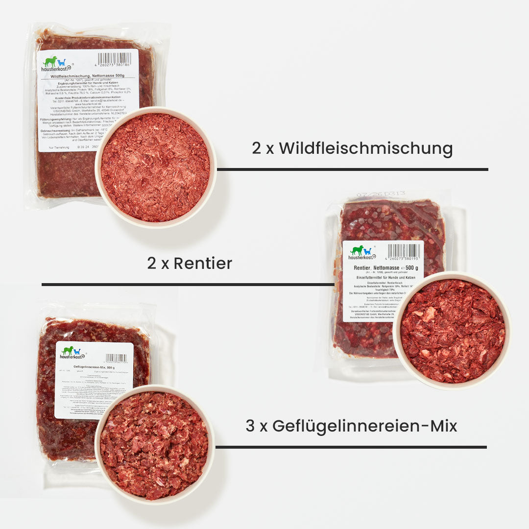 Paket Hund Allergie 9 kg mit Wildfleischmischung, Rentier und Geflügelinnereien-Mix in vakuumierten Portionen