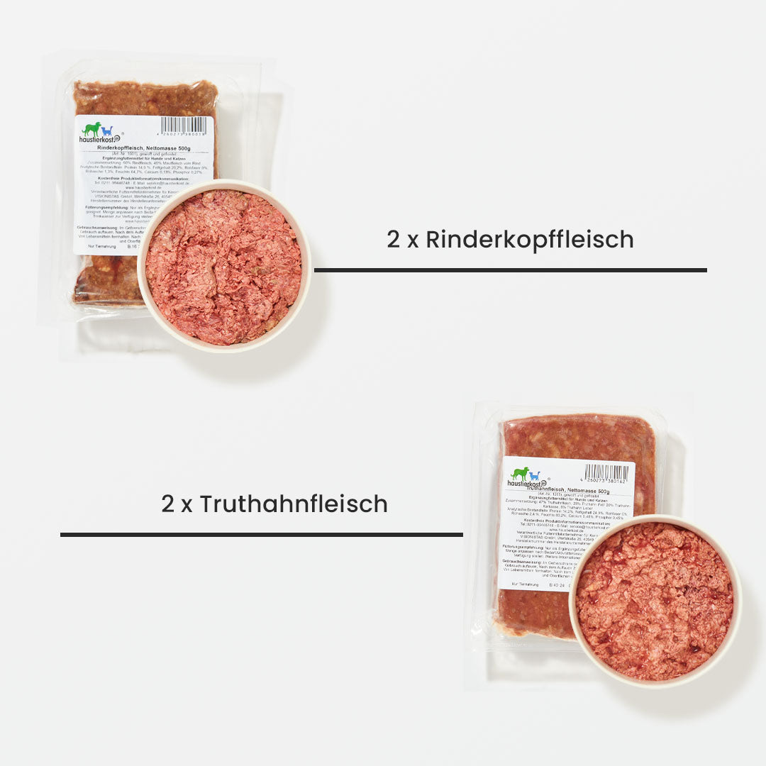 Paket Hund Aktiv 9 kg, Rinderkopffleisch und Truthahnfleisch in Verpackung, Tiefkühlware für Hunde.