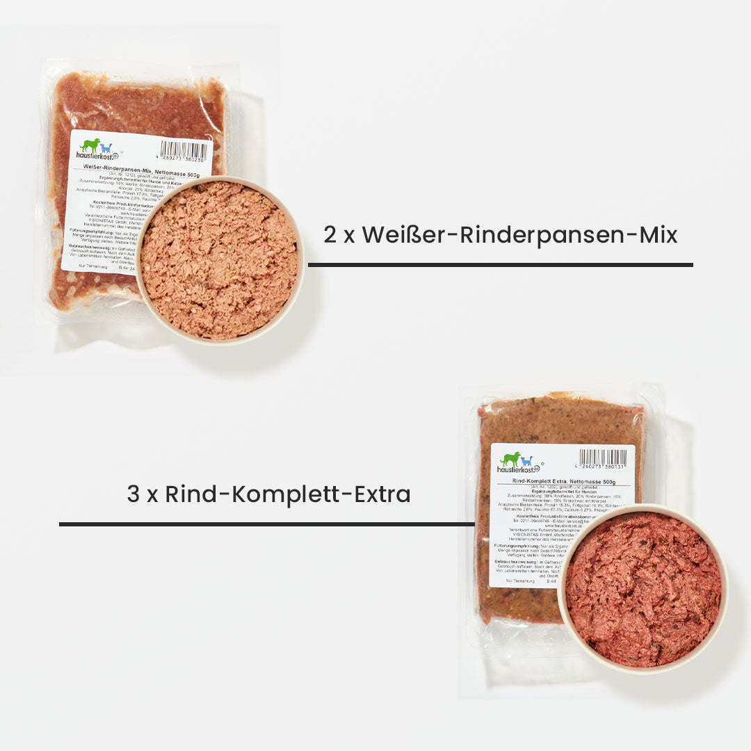 Paket Hund Aktiv mit 9 kg Inhalt, Tiefkühlware aus verschiedenen Rind- und Truthahnprodukten.