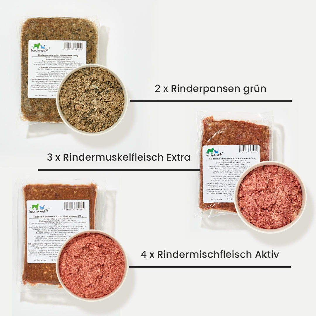 Paket Hund Aktiv mit verschiedenen Rinder- und Truthahnfleischsorten, 9 kg.