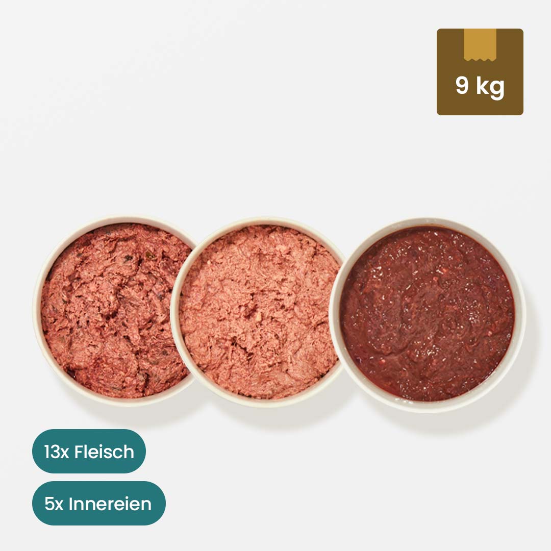 Welpenfutter Paket 9 kg mit 13 Portionen Fleisch und 5 Portionen Innereien, Tiefkühlware für Hunde