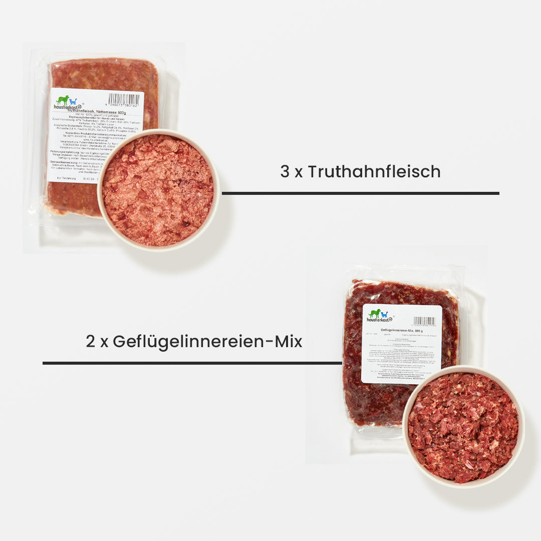 Paket Hund Welpe 9 kg mit Truthahnfleisch und Geflügelinnereien-Mix in Tiefkühlverpackung