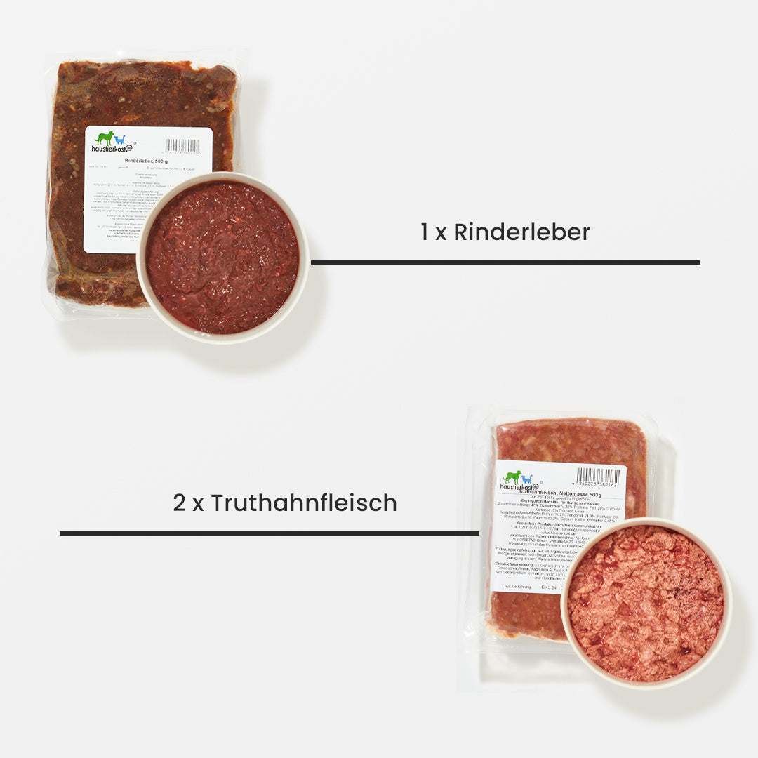 Paket Hund Senior mit Tiefkühlware, bestehend aus Rinderleber und Truthahnfleisch, Gesamtinhalt 9 kg.
