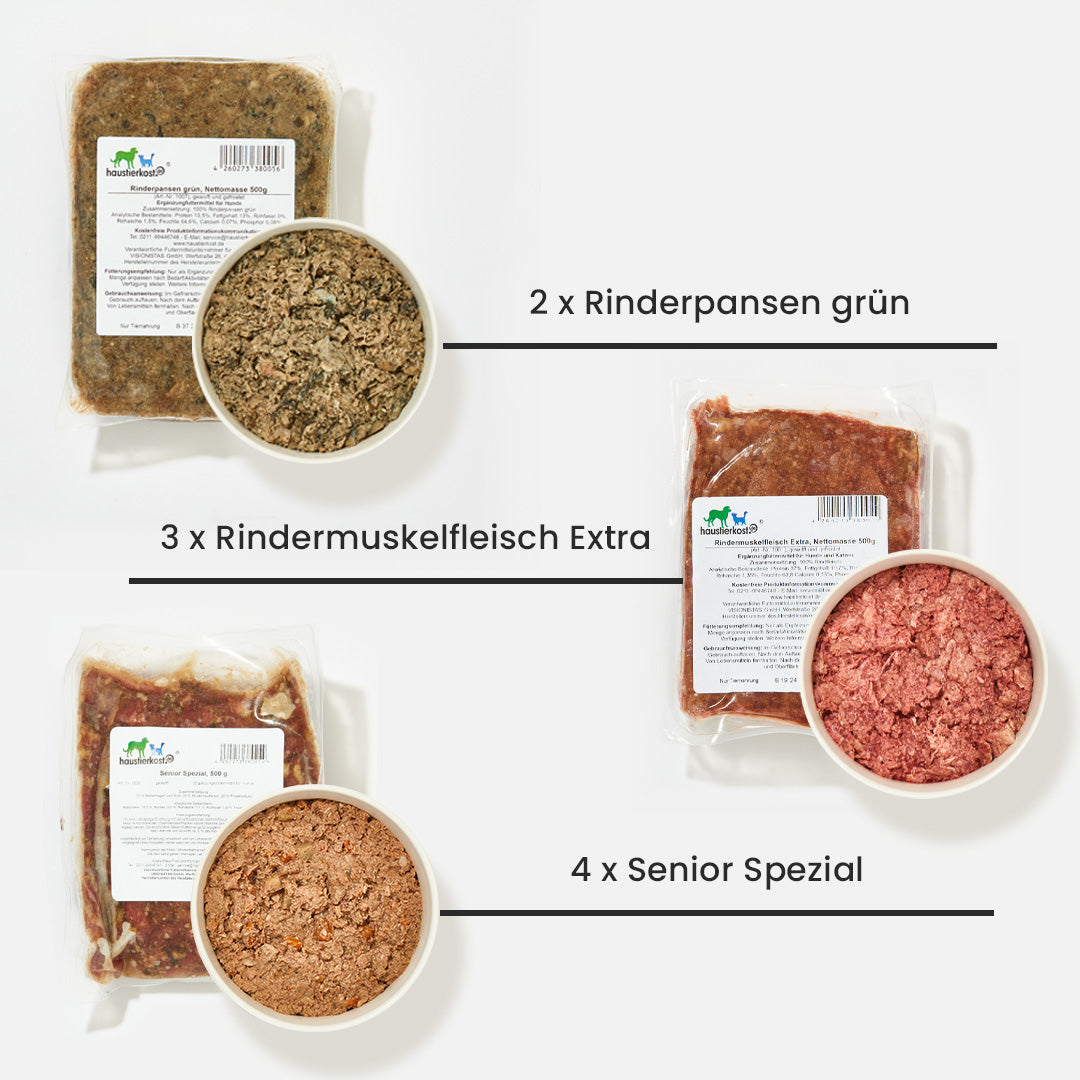 Produktfoto von 'Paket Hund Senior' mit 9 kg Inhalt, darunter Sorten wie Senior Spezial, Rindermuskelfleisch Extra und Rinderpansen grün.