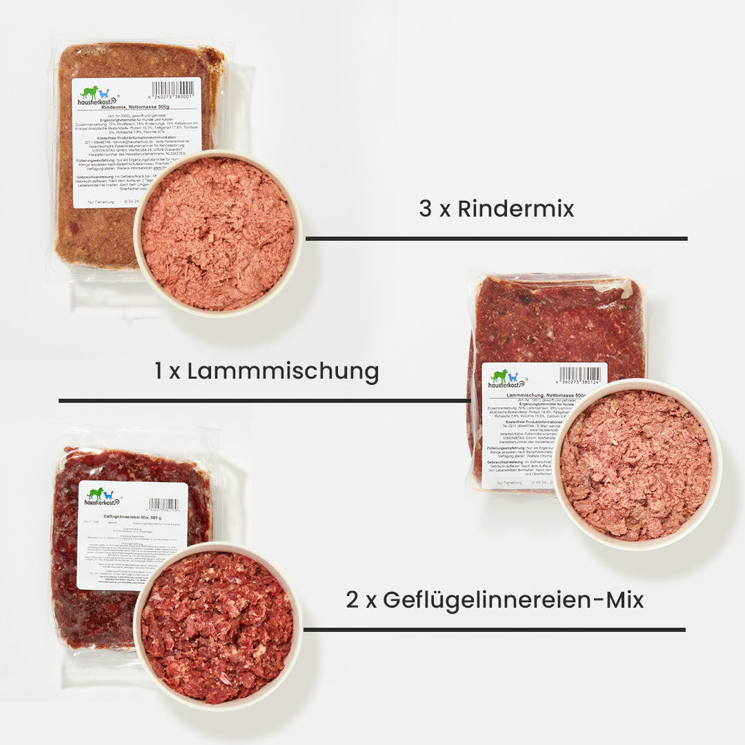 Paket Hund Senior, 9 kg, mit Senior Spezial, Rindermuskelfleisch Extra, Rindermix, Truthahnfleisch, Geflügelinnereien-Mix, Rinderpansen grün, Lammmischung, Rinderleber. Tiefkühlware.