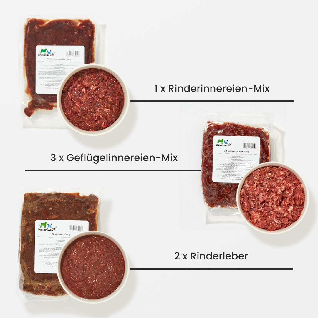 Paket Katze Senior 15 kg mit Rinderinnereien-Mix, Geflügelinnereien-Mix und Rinderleber in Frischfleischverpackung