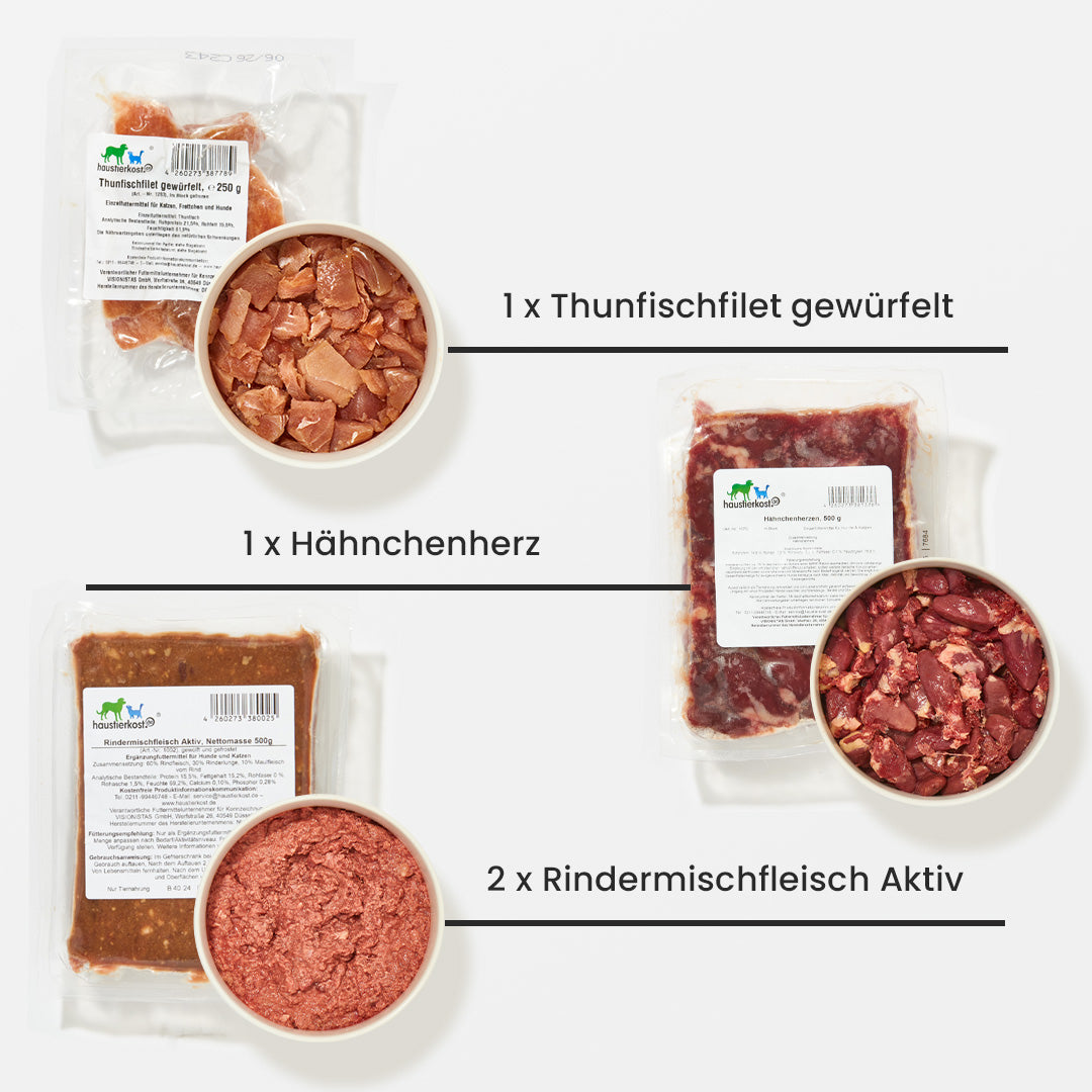 Paket Katze Senior 15 kg mit Thunfischfilet, Hähnchenherz und Rindermischfleisch Aktiv in Portionspackungen