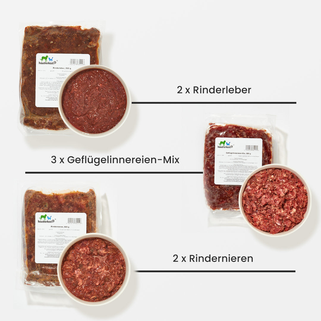 Paket Katze Übergewicht mit 2x Rinderleber, 3x Geflügelinnereien-Mix und 2x Rindernieren in 250g Portionen