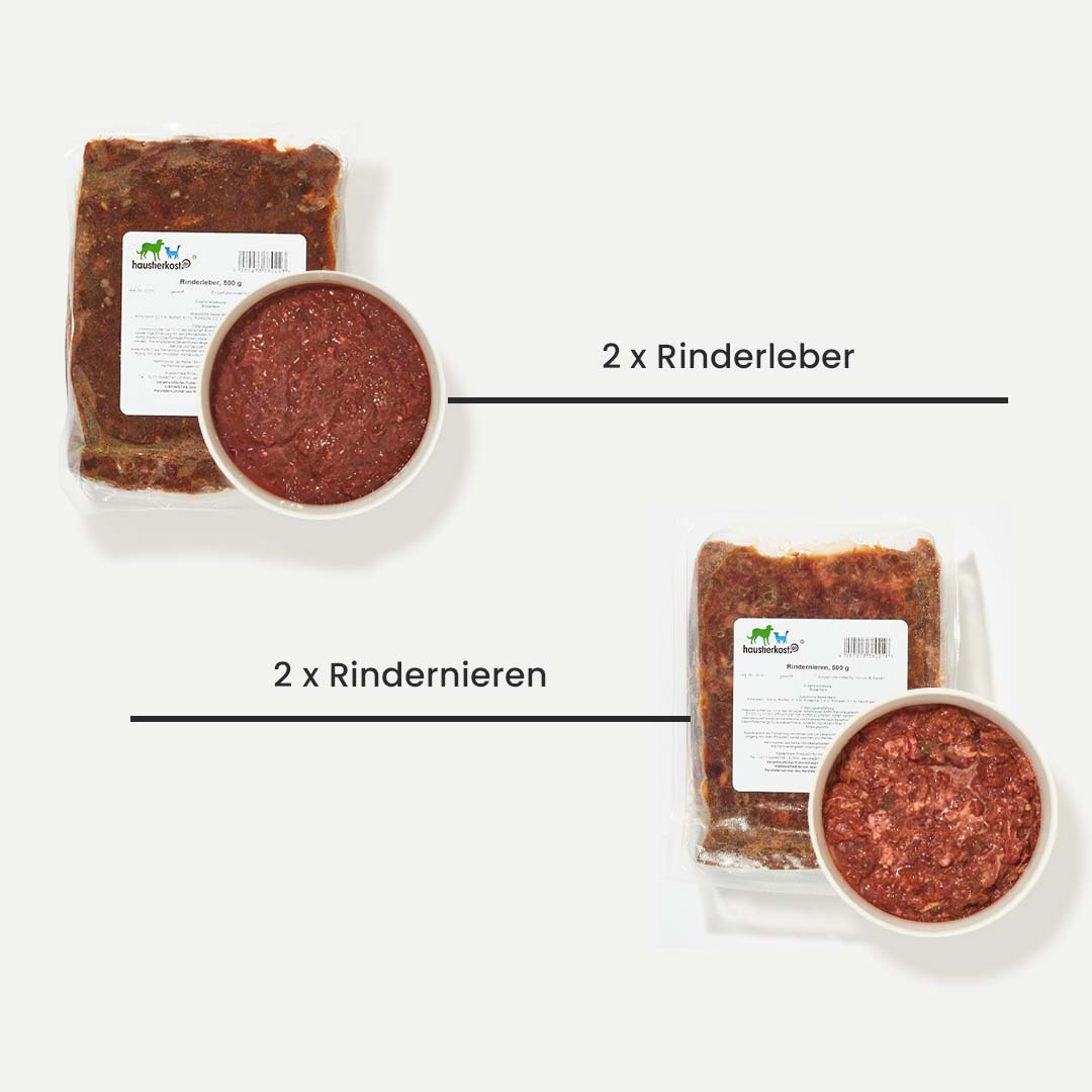 Paket ausgewachsenes Katzenfutter mit 2x Rinderleber und 2x Rindernieren in Portionsbeuteln und Schüsseln