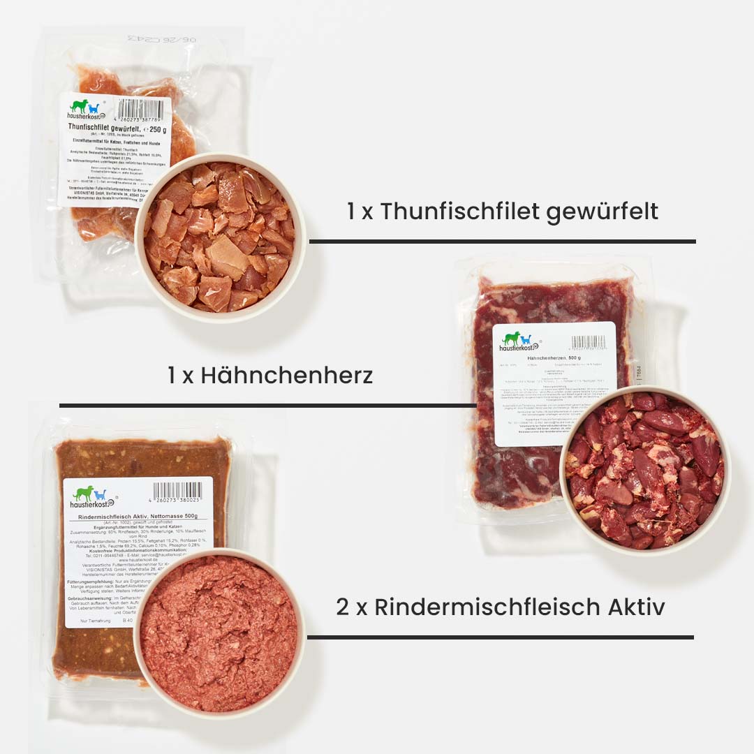 Paket Katze ausgewachsen 9 kg mit gewürfeltem Thunfischfilet, Hähnchenherz und Rindermischfleisch Aktiv in Portionen.