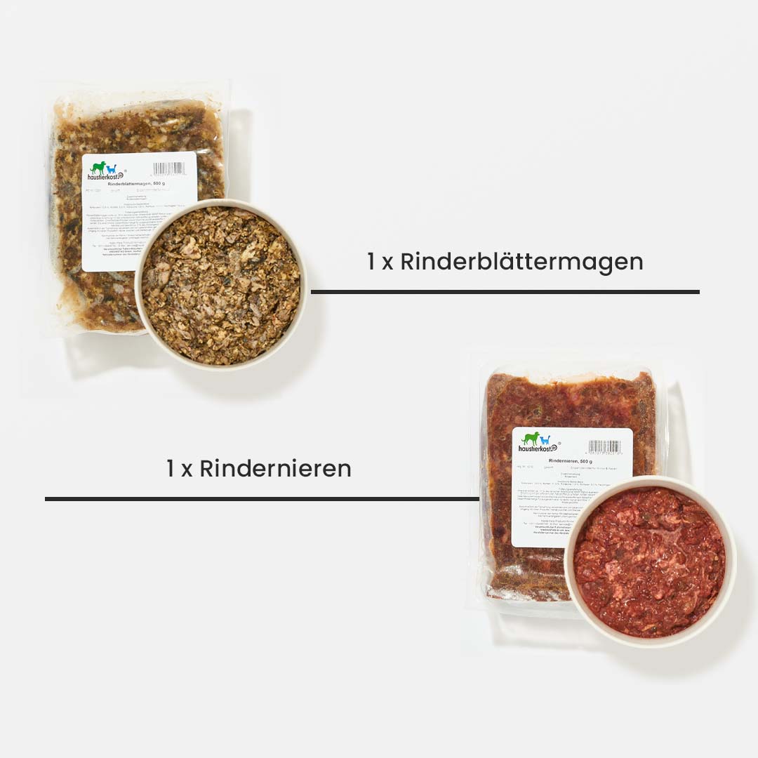 Rinderblättermagen und Rindernieren als Teil des Startersets für ausgewachsene Hunde