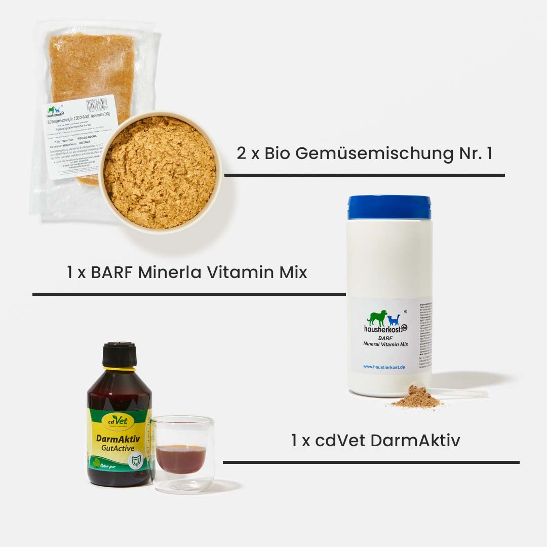 Bio Gemüsemischung Nr. 1, BARF Mineral Vitamin Mix, cdVet DarmAktiv und Lachsöl im Starterset für ausgewachsene Hunde
