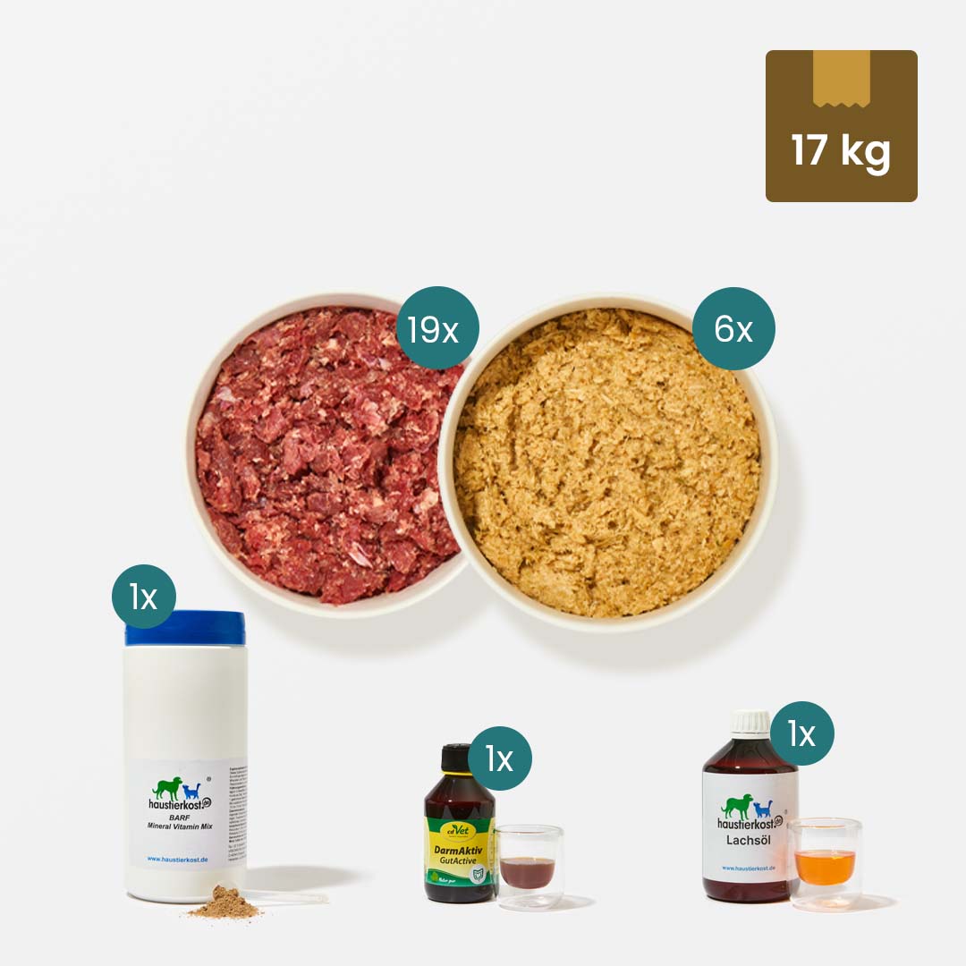 Starterset ausgewachsene Hunde mit 17 kg grob gewolftem Fleischmix, Obst-Gemüse-Mischungen, BARF Mineral Vitamin Mix, cdVet Darm aktiv und Lachsöl für ausgewogene Ernährung und Nährstoffversorgung