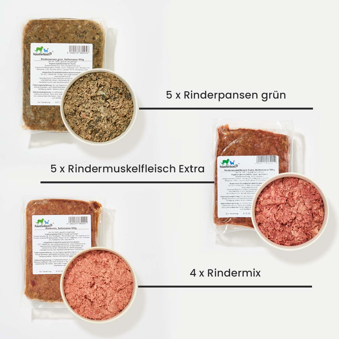 Starterset Hund ausgewachsen mit 12 Fleischsorten wie Rinderpansen, Rindermuskelfleisch Extra und Rindermix für ausgewogene Hundeernährung.