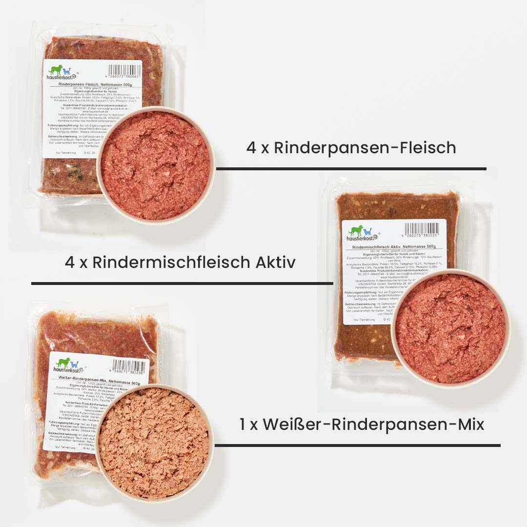 Starterset Hund ausgewachsen mit 12 Fleischsorten und Obst-Gemüsemischungen für ausgewogene Hundeernährung