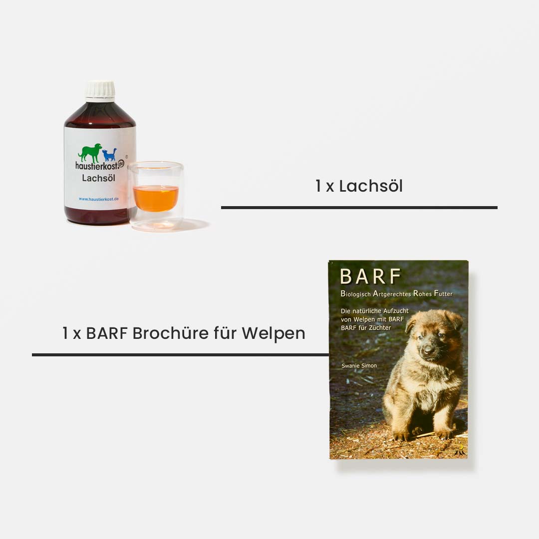 Lachsöl Flasche mit Glas und BARF Broschüre für Welpen auf weißem Hintergrund