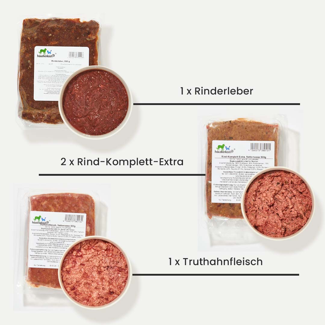 Starterset für ausgewachsene Hunde mit Rinderleber, Rind-Komplett-Extra und Truthahnfleisch in grober Wolfung