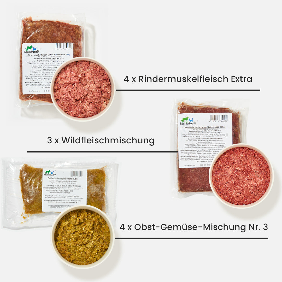 9 kg PURINARM Hundefutter Paket mit Rindermuskelfleisch, Wildfleischmischung und Obst-Gemüse-Mischung für purinarme Ernährung bei Leishmaniose und Dalmatinern