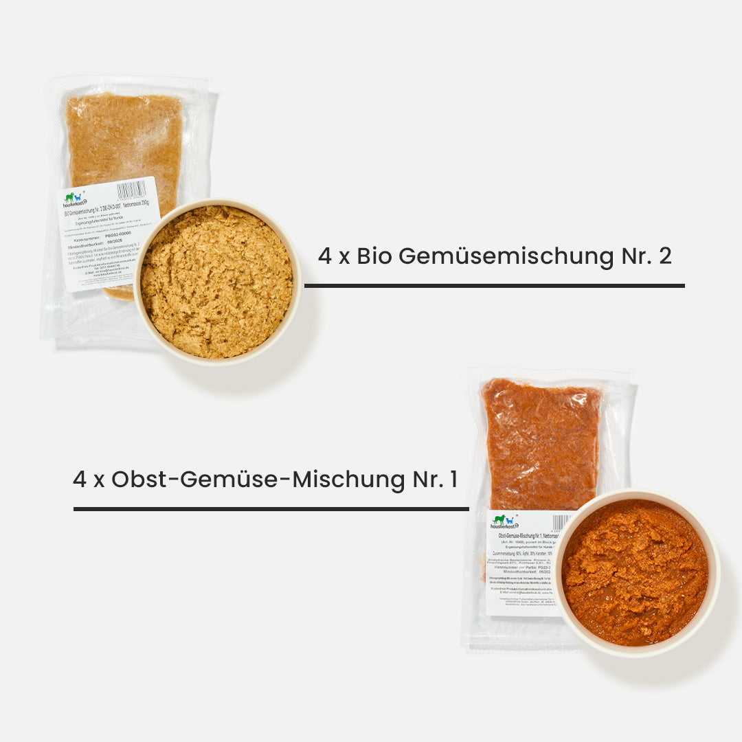 Purinarme Bio Gemüsemischung Nr. 2 und Obst-Gemüse-Mischung Nr. 1 für Hunde im Hund PURINARM Paket 9 kg