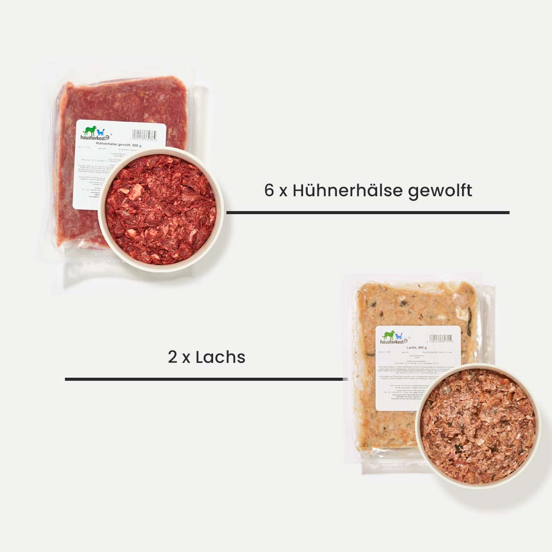 Paket Hund PURINARM mit 6 Päckchen gewolften Hühnerhälsen und 2 Päckchen Lachs, purinarme Ernährung für Hunde