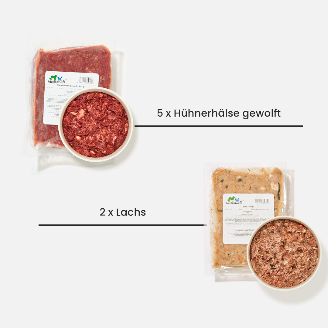 Paket Hund PURINARM 15 kg purinarme Ernährung mit Rind-, Wildfleisch, Hühnerhälse, Lachs und Gemüsemischungen