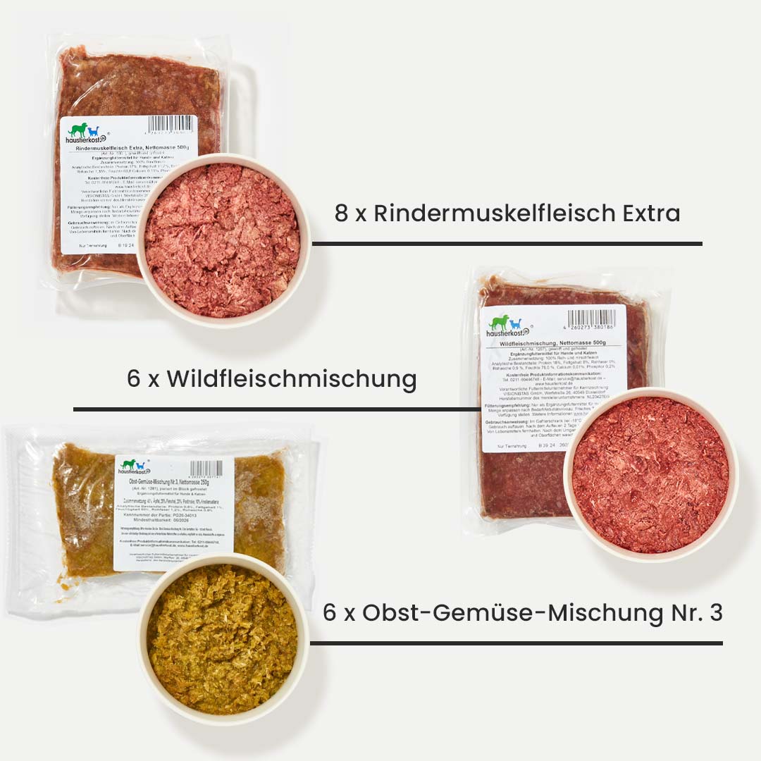 Paket Hund PURINARM 15 kg mit purinarmen Fleisch- und Gemüsemischungen für Hunde bei Leishmaniose und purinarmer Ernährung.