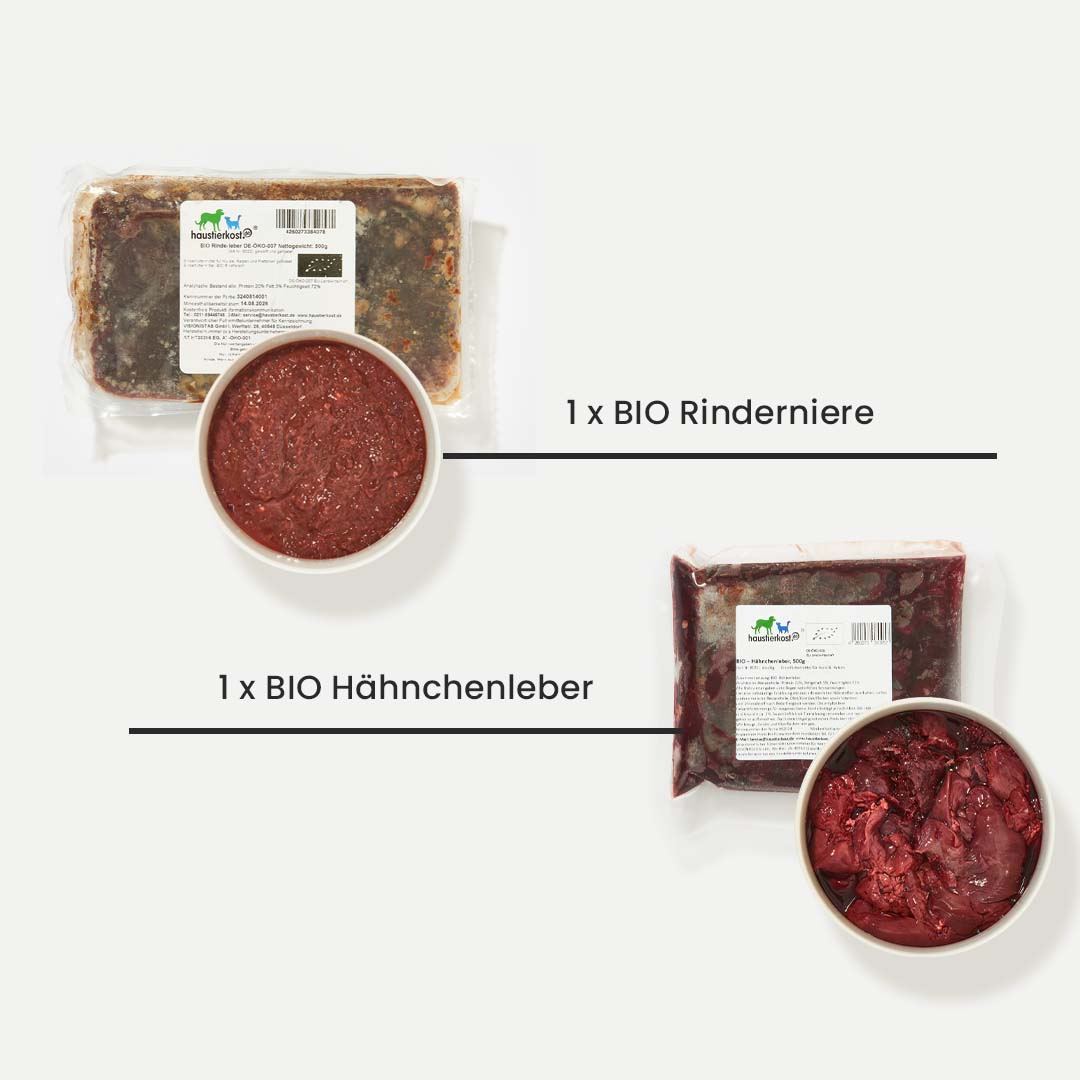 Paket Hund BIO mit 15 kg Bio-Hundefutter, inkl. Rinderniere und Hähnchenleber, DE-ÖKO-006 zertifiziert