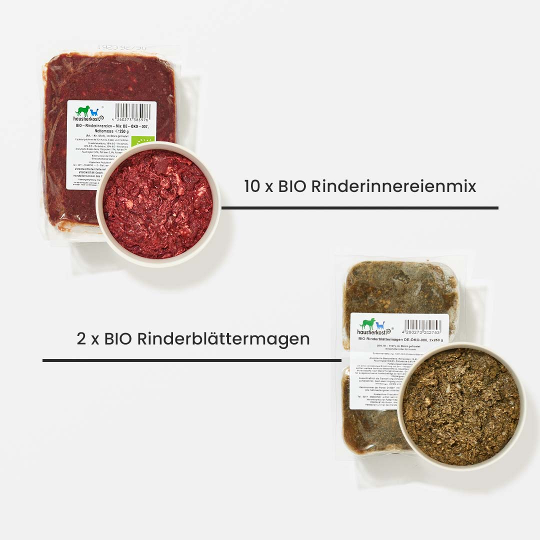 Paket Hund BIO mit 15 kg Bio-Rinderinnereienmix und Bio-Rinderblättermagen in vakuumverpackten Portionen