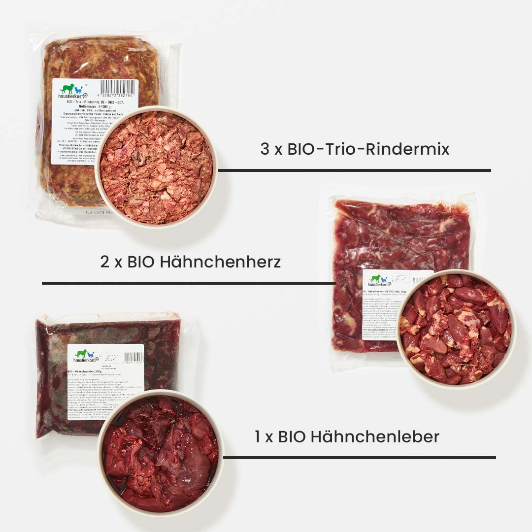 Paket Hund BIO mit BIO Trio-Rindermix, BIO Hähnchenherz und BIO Hähnchenleber in 15 kg Gesamtinhalt