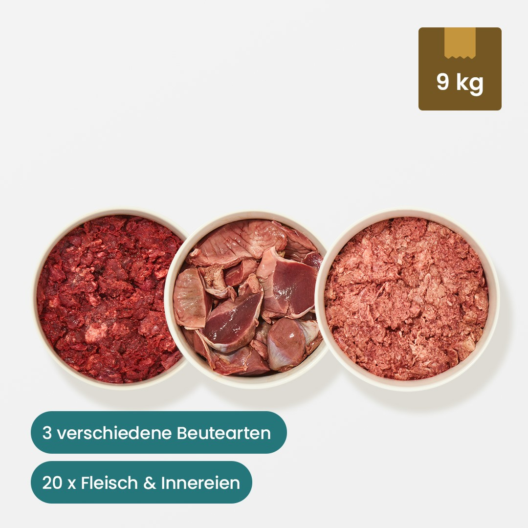 Paket Katze BIO 9 kg mit verschiedenen Beutefleischsorten und Innereien in drei Schalen