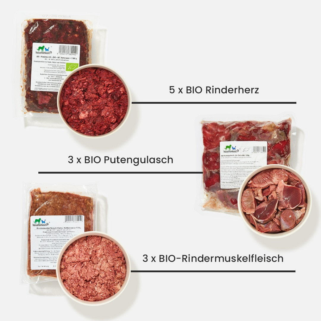 Paket Katze BIO mit 5x BIO Rinderherz, 3x BIO Putengulasch und 3x BIO Rindermuskelfleisch in Verpackung und Schüssel