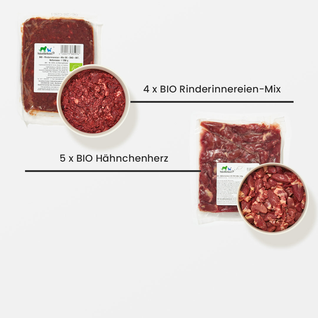 BIO Katzenfutter Paket 9 kg, enthält Rinderherz, Hähnchenherz, Putengulasch, Hähnchenhackfleisch, Rinderinnereien-Mix.