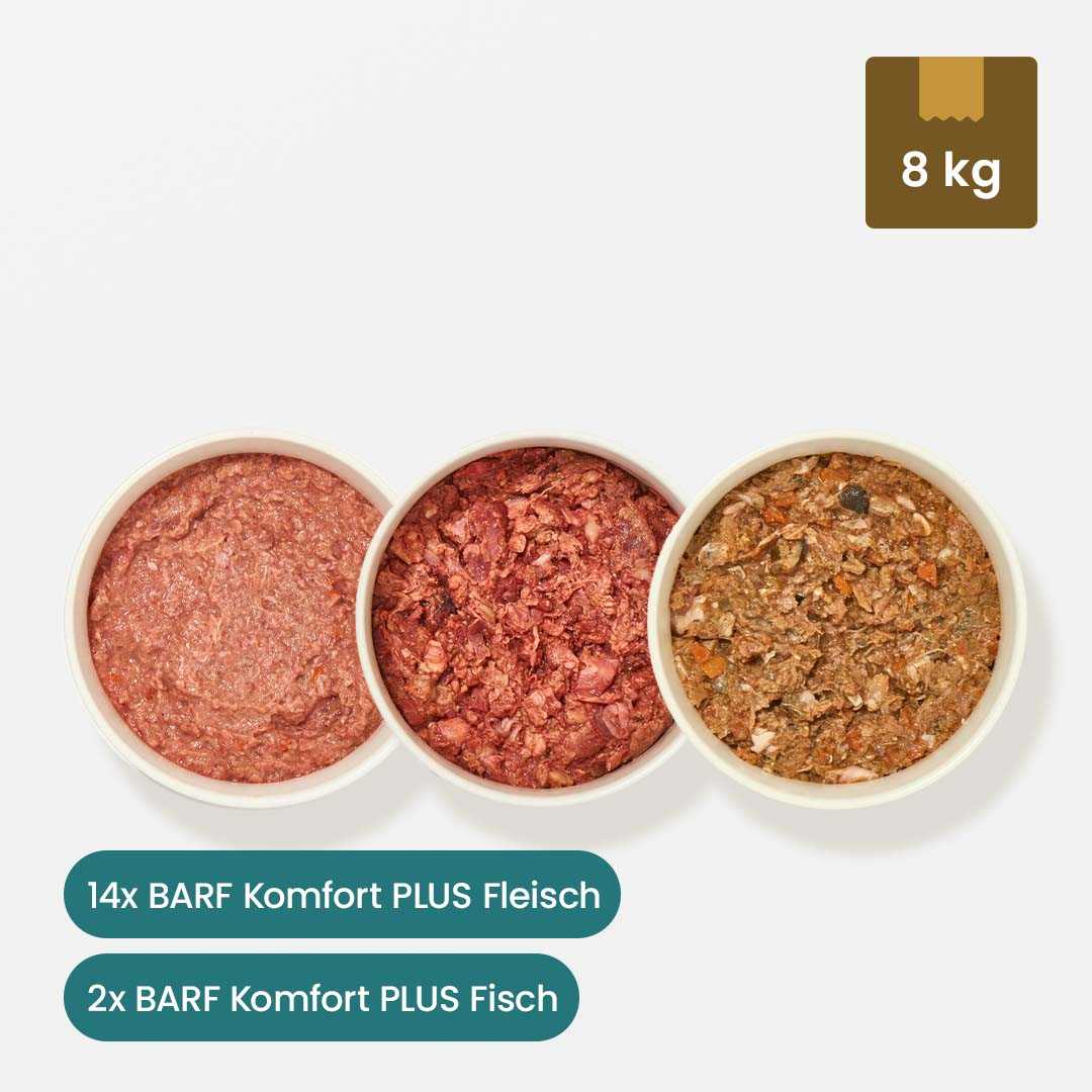 Fertigbarf Probierpaket für Hunde, 16 x 500 g, inklusive Fleisch- und Fischsorten, 8 kg Gesamtgewicht.