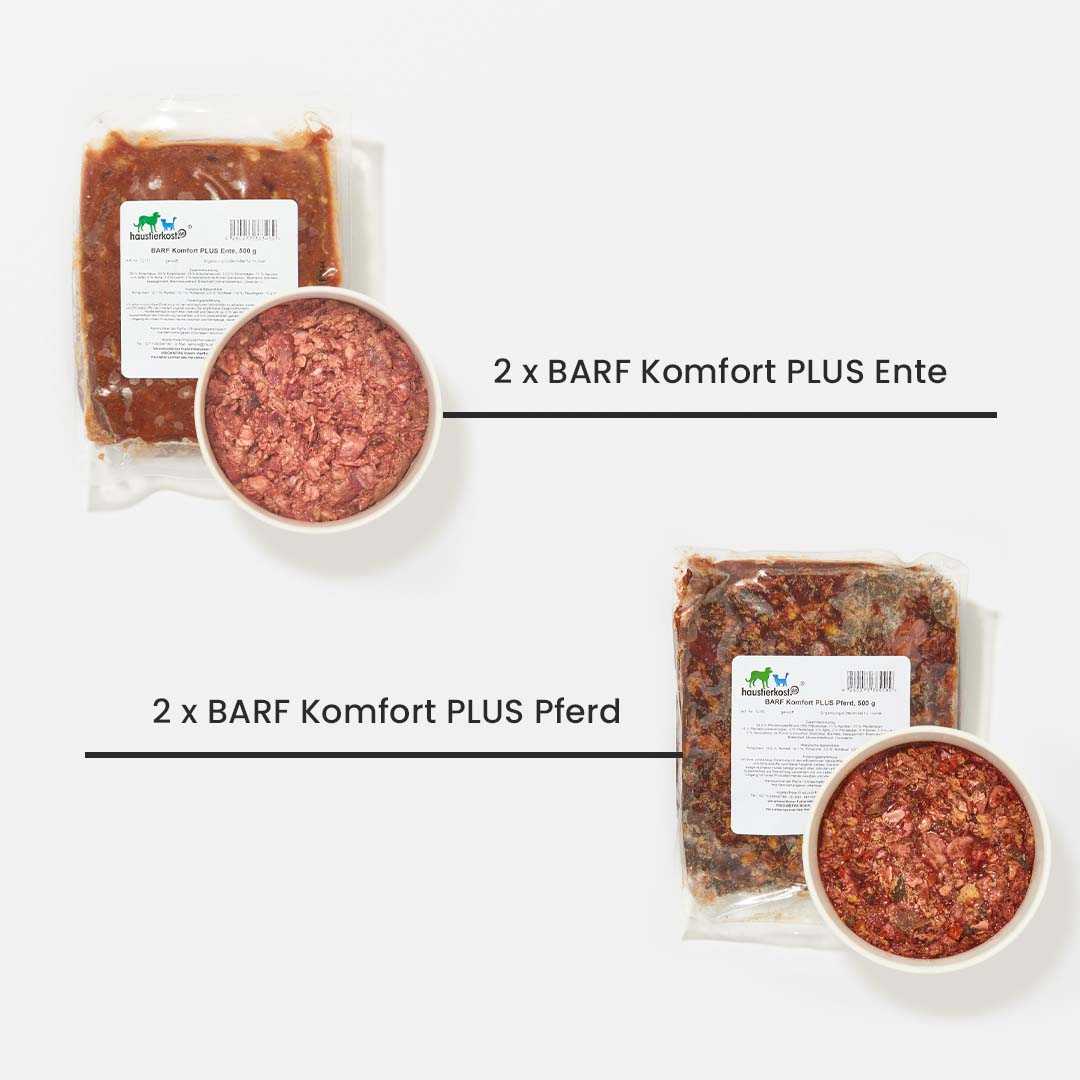 Fertigbarf Probierpaket für Hunde, 16 x 500 g, mit BARF Komfort PLUS Ente und Pferd.