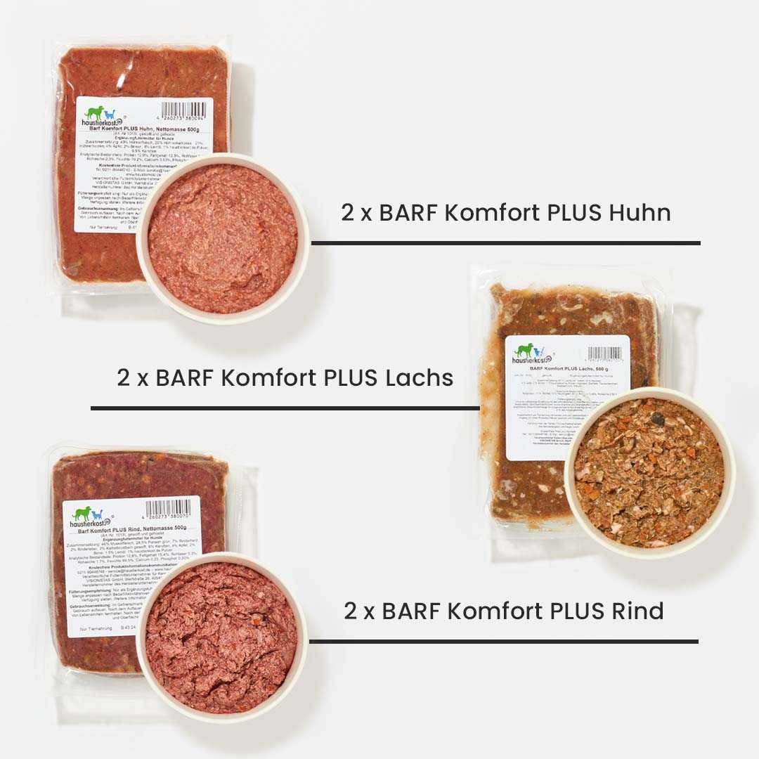 Fertigbarf Probierpaket für Hunde, 16 x 500 g - Verschiedene Sorten BARF Komfort PLUS Rind, Huhn und Lachs.