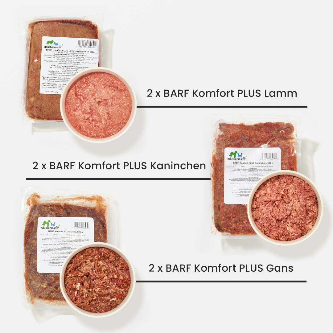 Fertigbarf Probierpaket für Hunde mit Lamm, Kaninchen und Gans, 500 g Portionen.