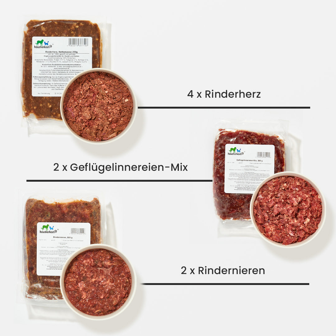 Probierpaket für Katzen mit Rinderherz, Geflügelinnereien-Mix und Rindernieren in Portionsbeuteln