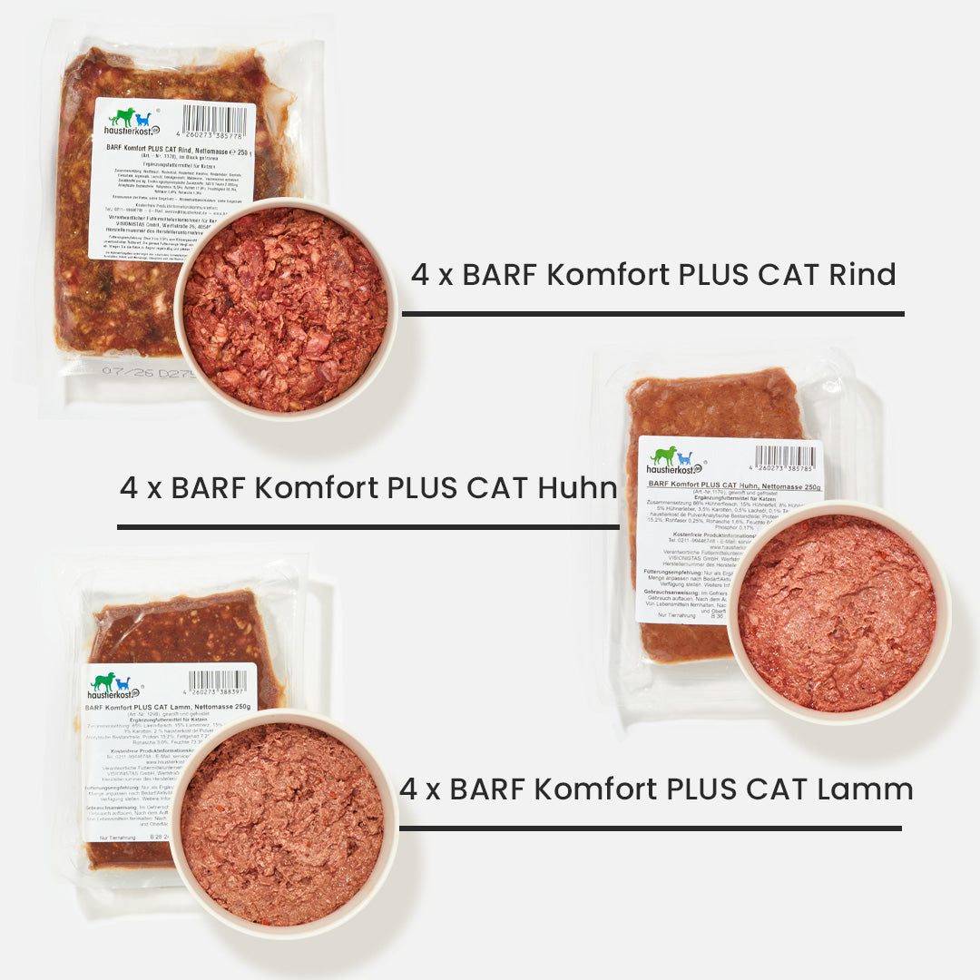 Probierpaket für Katzen mit 4x BARF Komfort PLUS Cat Rind, 4x Huhn und 4x Lamm à 250g frisch verpackt