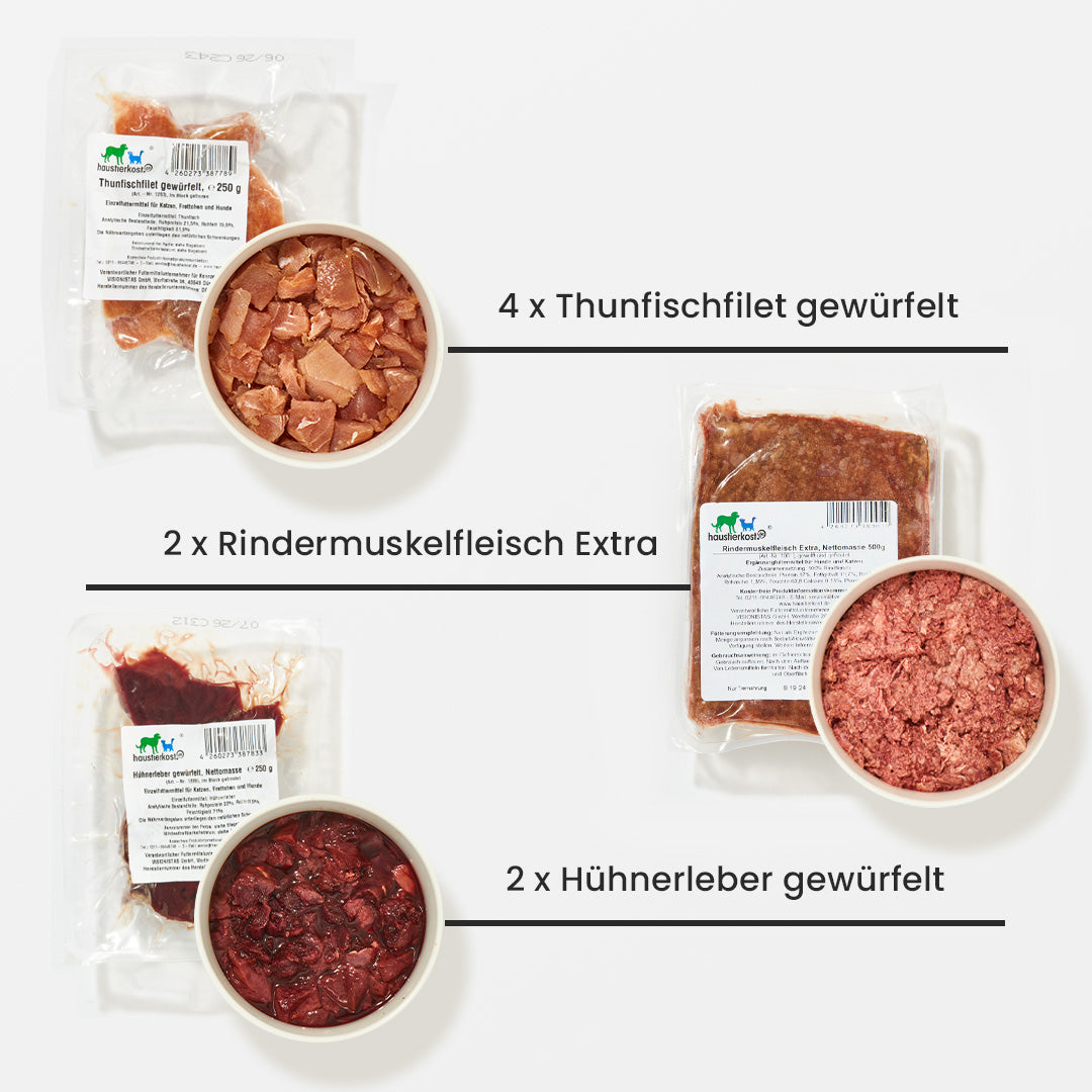 Probierpaket für Katzen mit Thunfischfilet, Rindermuskelfleisch und Hühnerleber gewürfelt, 8 kg Gesamtgewicht.